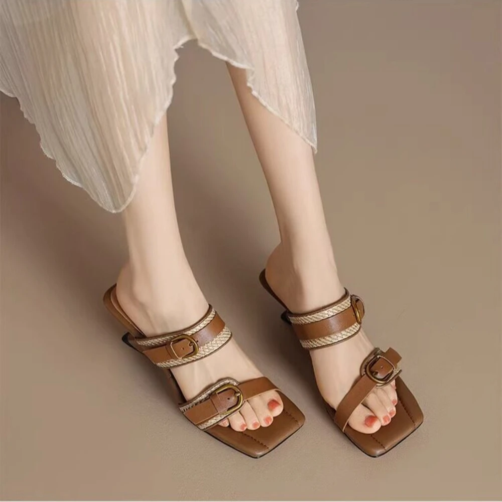 Vintage Braided Belt Buckle Open Toe Wedges Women's Sandals Summer New Square-toed Outdoor High-heeled Slippers view 5