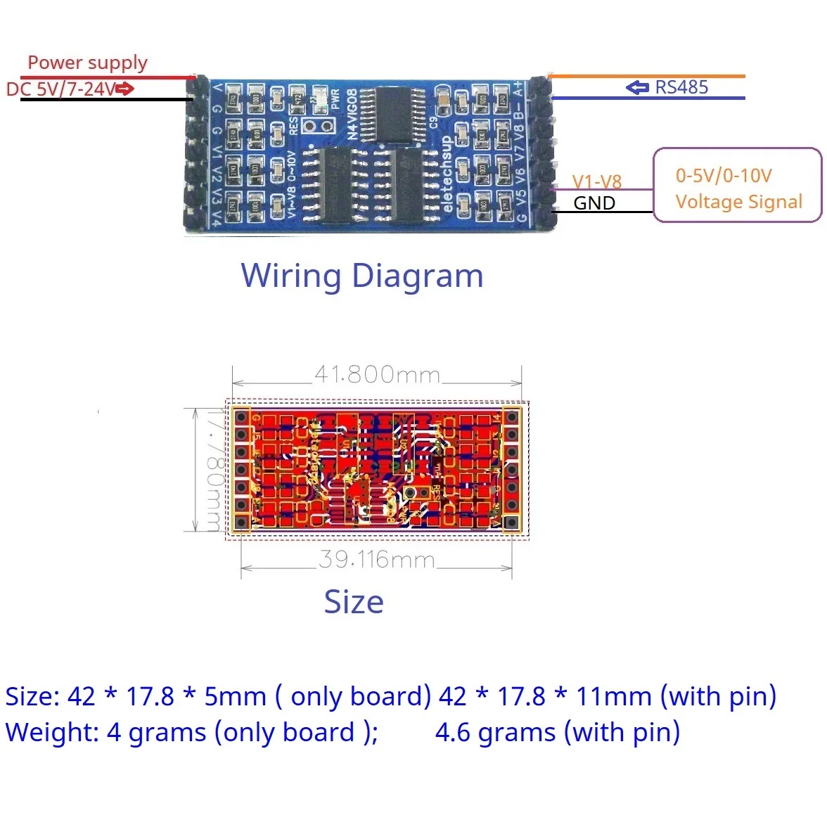 0-5V 0-10V 4-20MA 8CH Analog-to-Digital Conversion ADC Module 0-20MA Voltage Current to RS485 Modbus PinBoard PLC Remote IO DIY