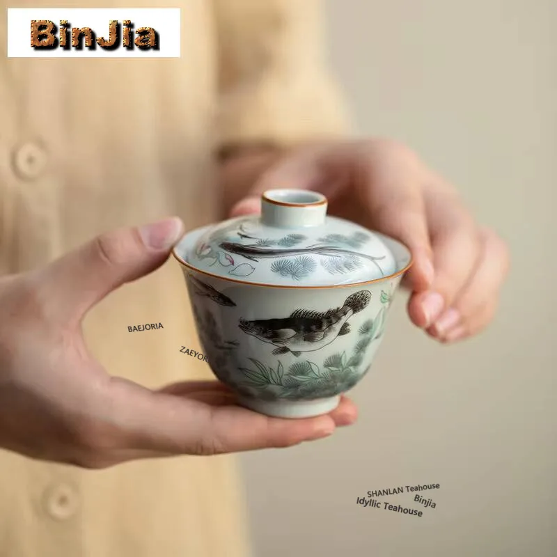 115ml Ancient Blue Underglaze Color Fish Gaiwan Traditional Tea Tureen Tea Bowl With Lid Kit Tea Maker Cover Bowl Drinkware Gift