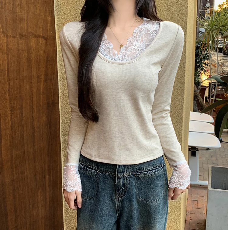 2026 Herbst Winter Damen T-Shirt Spitze Schlankes Basis-T-Shirt Elegantes Vielseitiges Strick-Layering-Oberteil mit Langen Ärmeln für Damen Neu eingetroffenes T-Shirt – Detail 5