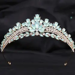 DIEZI Korean Green Blue Opal Crystal Princess Crown For Women Wedding Luxury Queen Princess Bridal Party Tiaras Hair Accessories