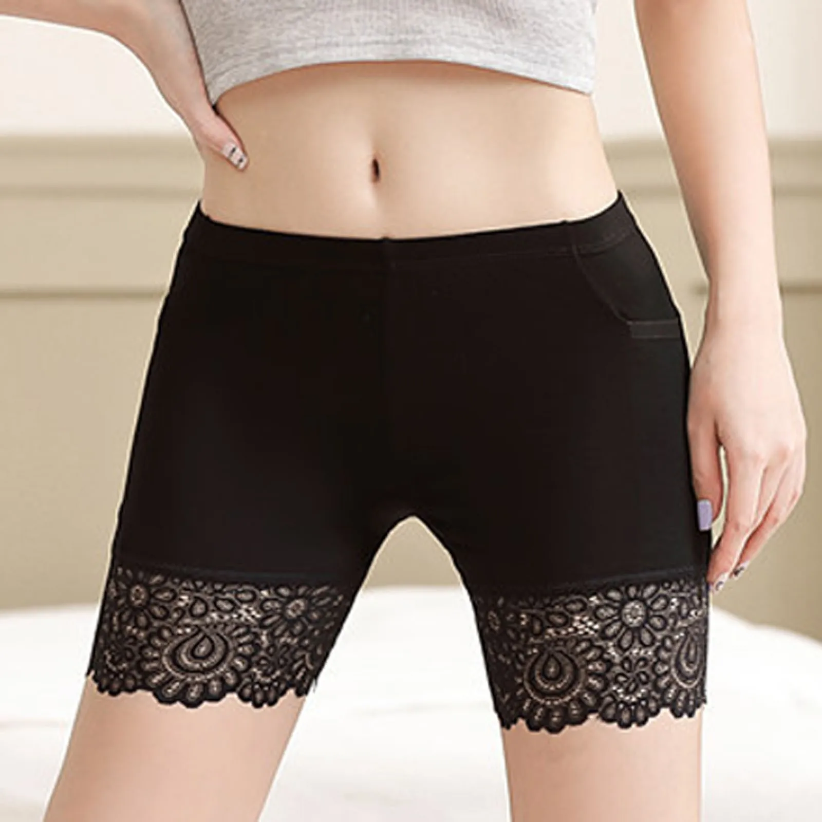 Women'S Solid Color Lace Modal Safety Pants Mid-Waist High Stretch Tight Underwear Fashion Casual Leggings Slim-Fit Plastic Pant