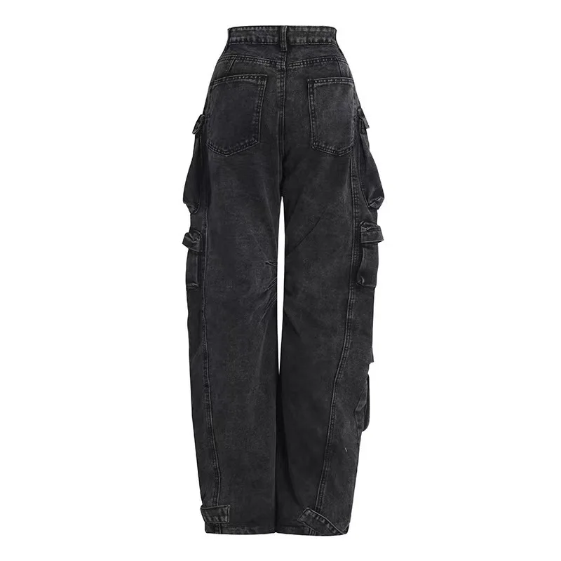 2024 Modne damskie spodnie cargo Streetwear Vintage Washed Workwear Wide Leg - Multi Pocket Long Smoky Grey Patchwork Casual High