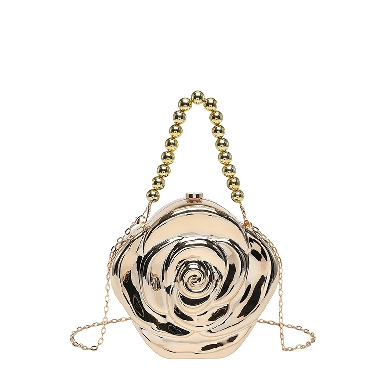 3D Rose Flower Shaped Evening Clutch Bag Fashion Metallic Mirror Finish Hard Case Purse with Chain Luxury Floral Handbag view 6