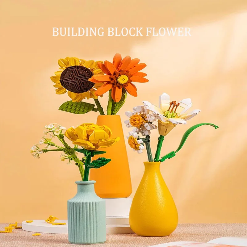 18 Styles Pretty Flower Building Blocks Rose  Valentine's Sunflower Lily Flower   Tulip Bricks DIY Home Ornaments ,Botanical Col