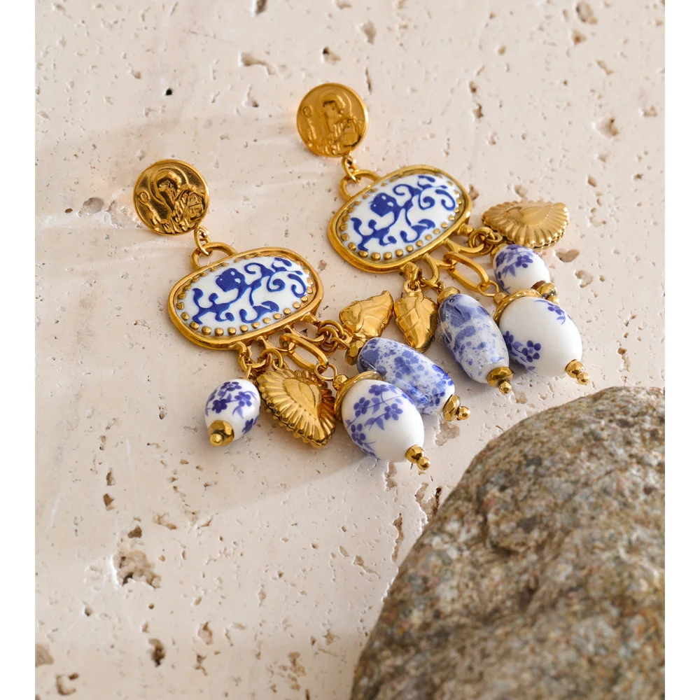 Yhpup New Arrivals Stainless Steel Blue Ceramic Flower Vintage Drop Charm Earrings Trendy Handmade Gold Color  European Jewelry