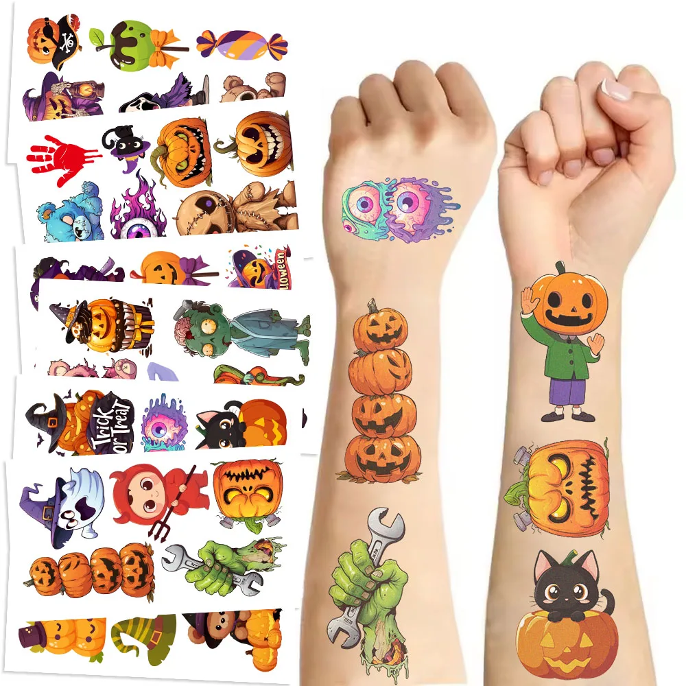 10 vellen/set Halloween Ghost tijdelijke tattoo stickers horror lippen pompoen zombiescandy tatoeages stickers waterdicht grappig cadeau