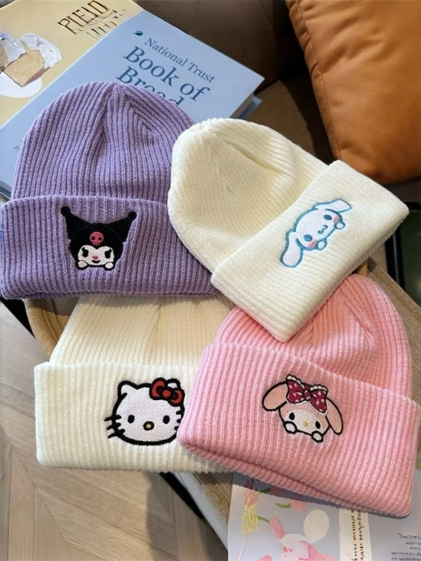 

1pc Hello Adorable Kitty My Melody Kuromi Cinnamoroll Knitted Beanie Hat - Soft, Stretchy, and Stylish Winter Cap