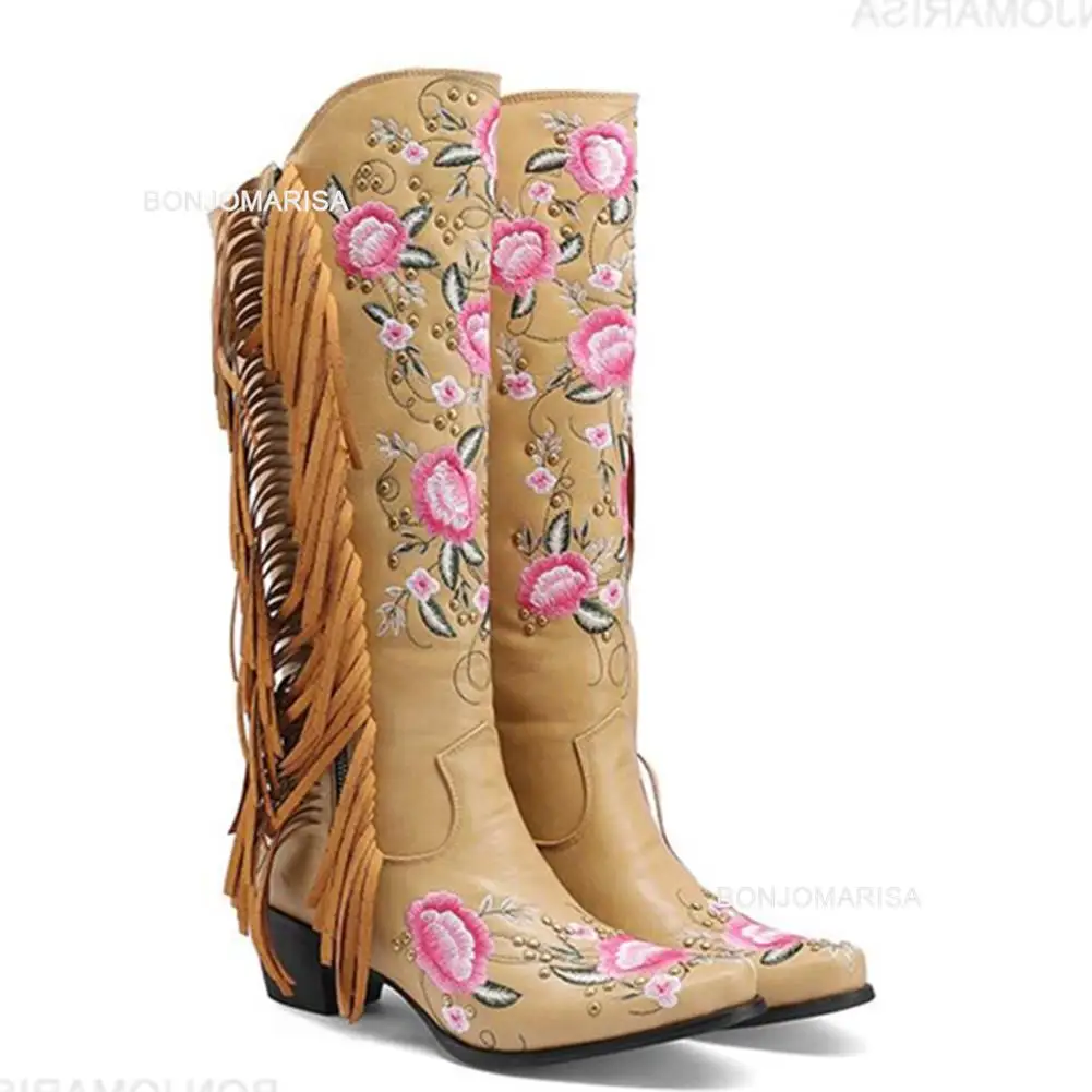 BONJOMARISA Cowboy Boots For Women Fringe Embroidery Flower Sweet Western Boots Cowgirls Roman Block High Heeled Shoes Autumn