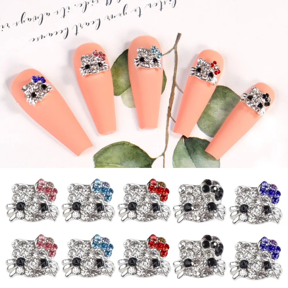 10pcs/bag Alloy Rhinestone Hello Kitty Nail Decorations Hollow Out Kitty Head Crystal 3D Nail Art Charms Mini Metal Manicure Dec