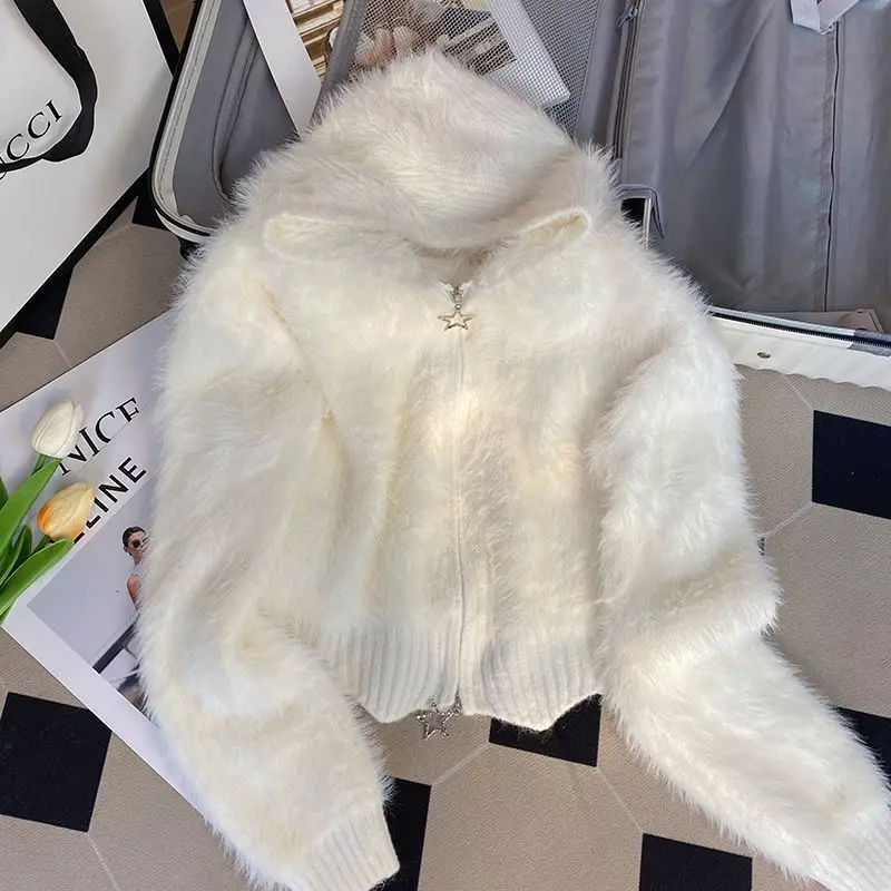 Faux Fur Cardigan Women Sweet Fairy Fluffy Soft Zipper Chic Korean Sweater Female Autumn Winter Turtleneck Cute Solid Top Lady