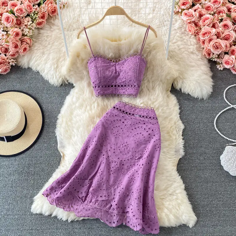 Wholesale 2026 Seaside Vacation Suit Summer New Backless Short Tube Top Sling Top High Waist Ruffle Skirt Women's Sets