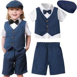 Baby Boy Clothes With Hat Toddler Wedding Suit Set Infant Birthday Party Baptism Outfit Gentleman Formal Short Sleeved 4 PCS