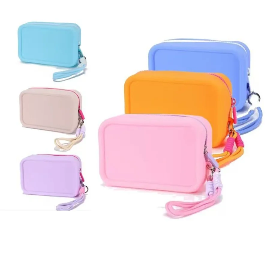 Cosmetics Silicone Storage Bag With Braided Wrist Rope Portable Lanyard Cosmetic Bags Waterproof Zipper Toiletries Lipstick Bag