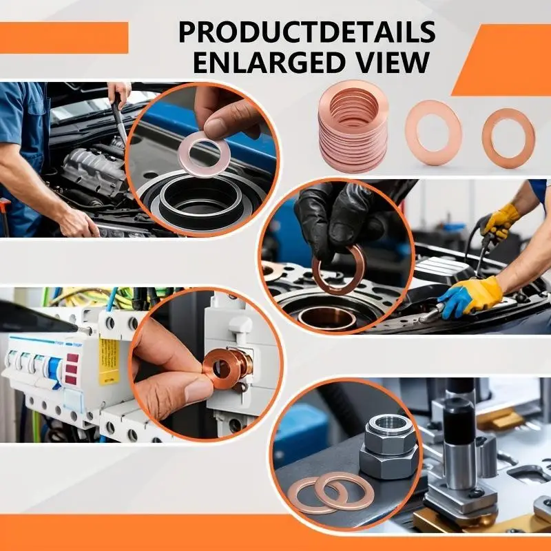 Copper Sealing Washer Gasket Assortment Kit 100Pcs M5-M14 Flat Ring Set with Storage Box for Auto Home DIY Repair