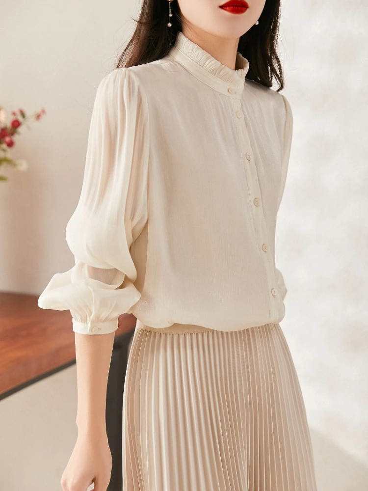 Chiffon Women\'s Shirts New Solid Casual Blouses O-Neck Ladies Clothing Loose RUFFLES Long Sleeves White Tops