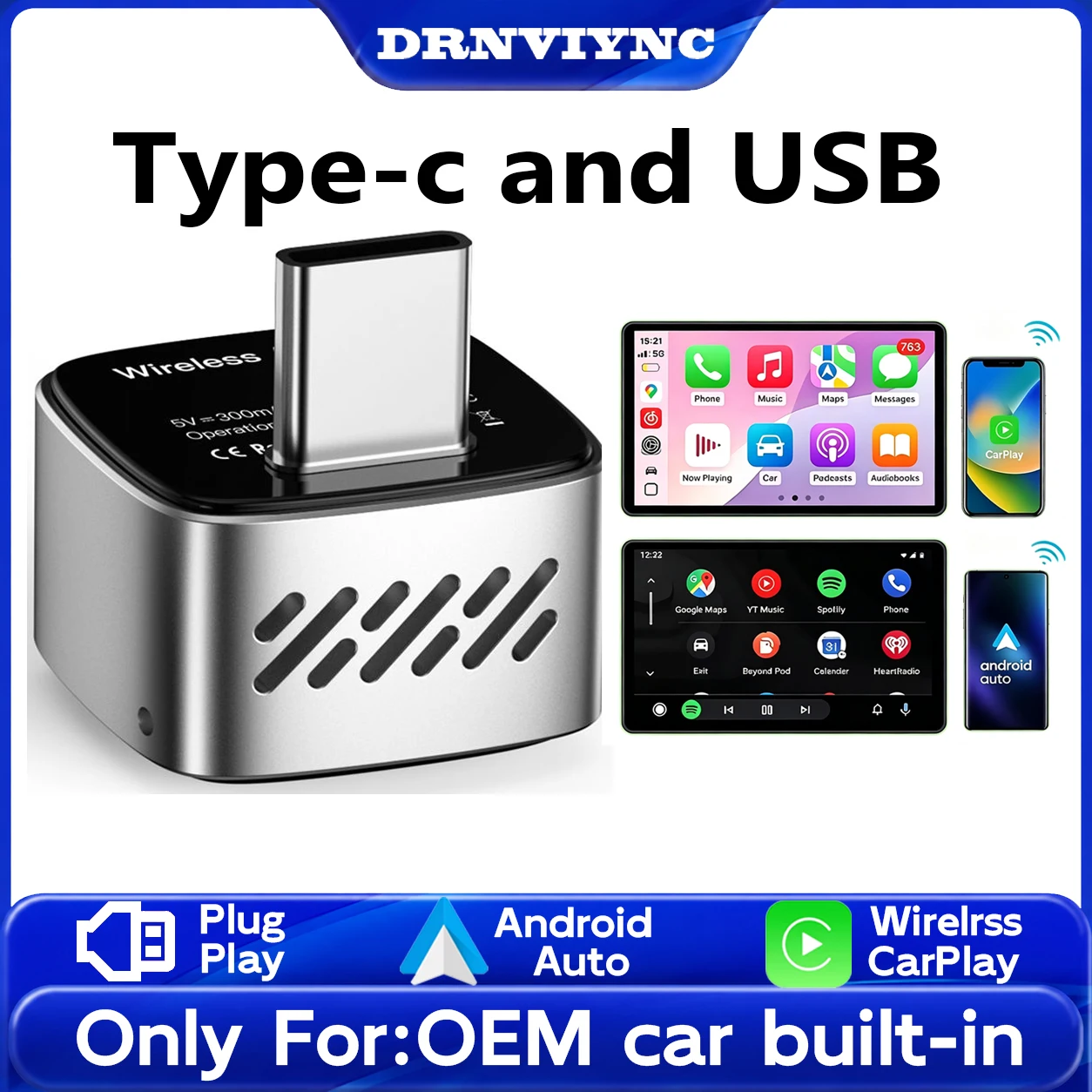 DRNVIYNC 2 in1 Wired to Wireless CarPlay Adapter Plug and Play Dongle for Factory Wired Cars (Type-c and USB)  With OTA Upadate Bluetooth WiFiCompatible with iPhone & Android Smartphones