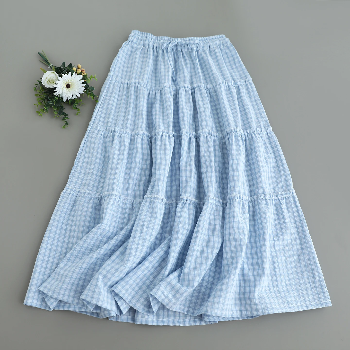Japanese Sweet Mori Girl Vintage Plaid Cake Cotton Skirts Women Summer High Elastic Waist Casual Loose A-Line Skirts