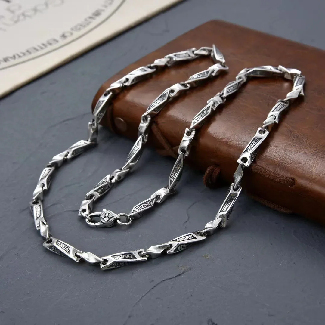 

New Pure S925 Silver Jewelry Retro Sweater Chain Six-Character Mantra Irregular Individual Fashion Trend Men's Bracelet