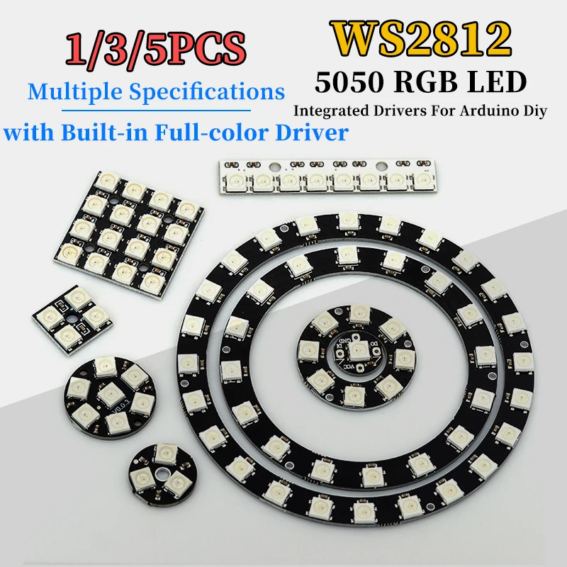 1/3/5Pcs WS2812 5050 RGB LED Ring Lamp Light Multiple Specifications Integrated Drivers For Arduino Diy DC5V