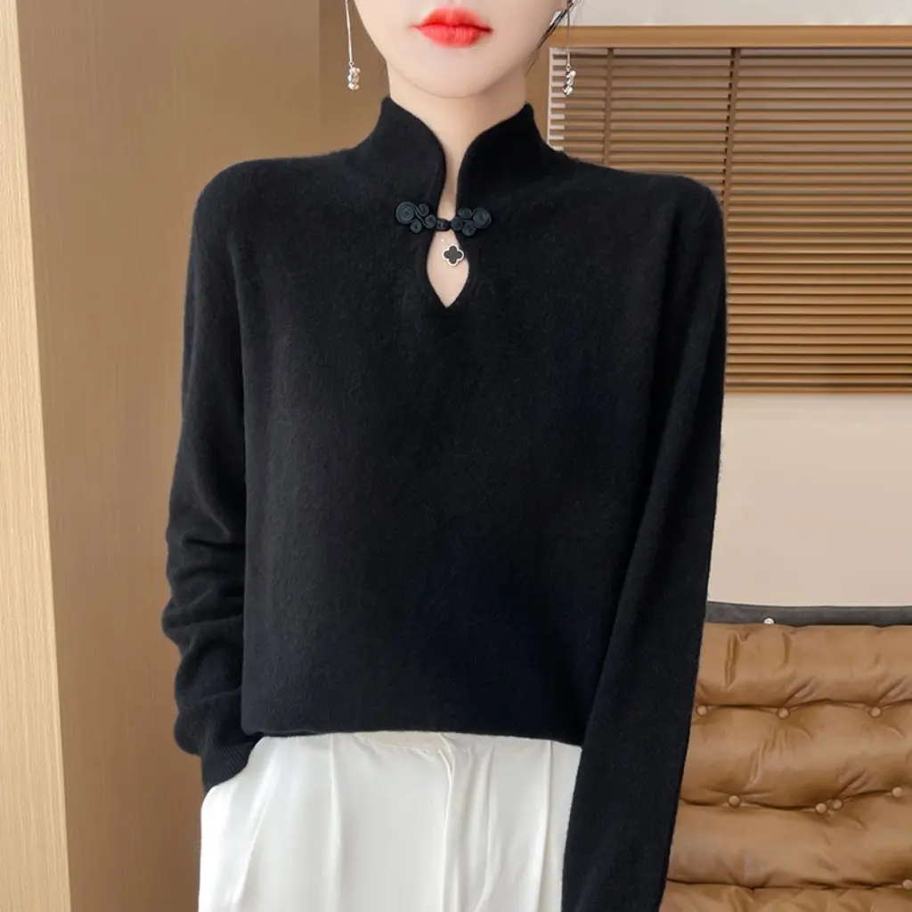 

Women's Chinoiserie National Style Knitwear Slim Fit Stand Collar Top Loose Bottom Autumn Winter Fashion Wholesale