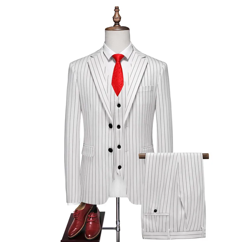 (자켓+바지+조끼) 신상 남성 비즈니스 스트라이프 정장 블랙/화이트/레드/블루 패션 남성 웨딩 연회 파티 드레스 3종 세트