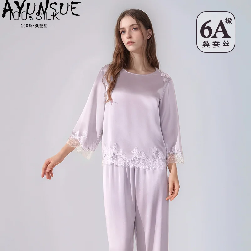 AYUNSUE 100% Silk Pajama Sets Woman Casual O-neck Pajamas for Women Solid Color Womens Matching Sets High Quality Пижама Женская