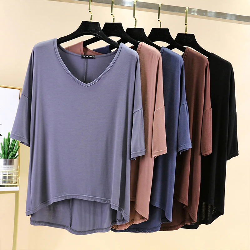 Camiseta feminina plus size Ice Silk V-Ne ort Sve Slim Fit Thin Modal Base irt Home Wear Confortável Respirável Verão...