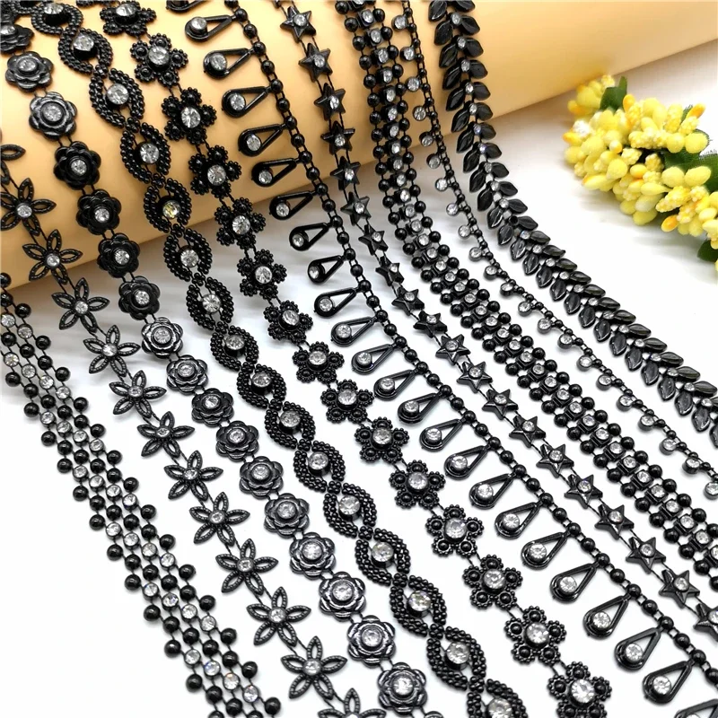 1 yard Rhinestone Chain Black Crystal  Sew On Trims Wedding Dress Costume Applique