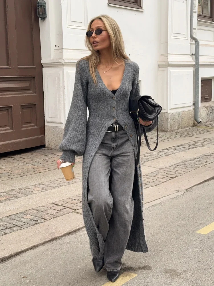 

2025 Chic Grey Knitted Long Sleeved Dress Women Fashion Elegant Solid V-neck Single Breasted Dresses Daily Street New Gowns