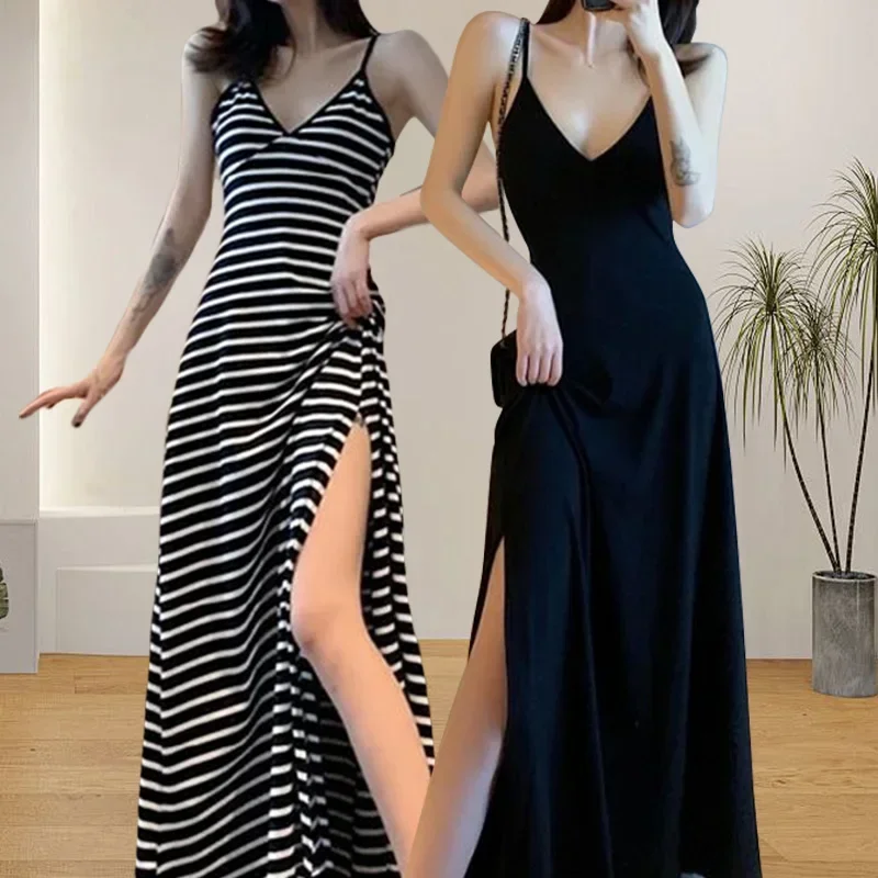 

Women Dress Long Sling Dresses Fashion Simple Temperament Suspender Backless Slim Sexy Sweet Waist Side Slit Casual Dresses