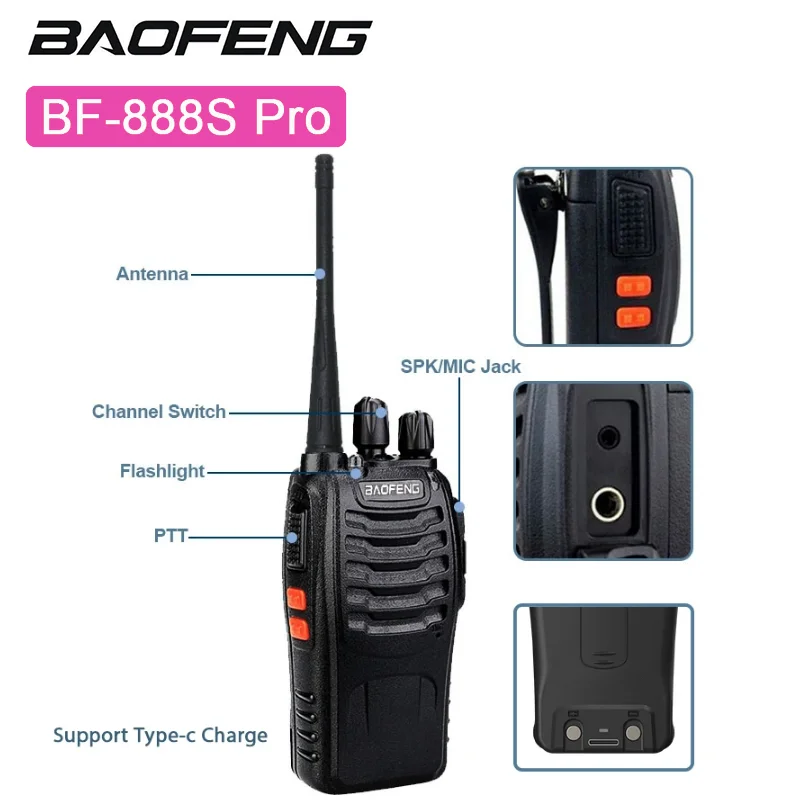 Baofeng BF-888S Pro Walkie Talkie Tipo-C Carregador Cópia de Frequência 1500mAh 5W UHF 400-470MHz 16CH BF888s Ham Rádios Transceptor CB