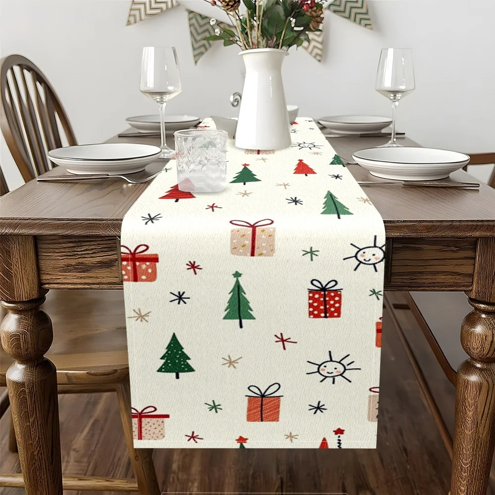 Elegant Christmas Table Runner  Holiday Patterns -  Snowflakes, Trees, Gifts & Hearts -Winter Dining Decor for Xmas Dinner