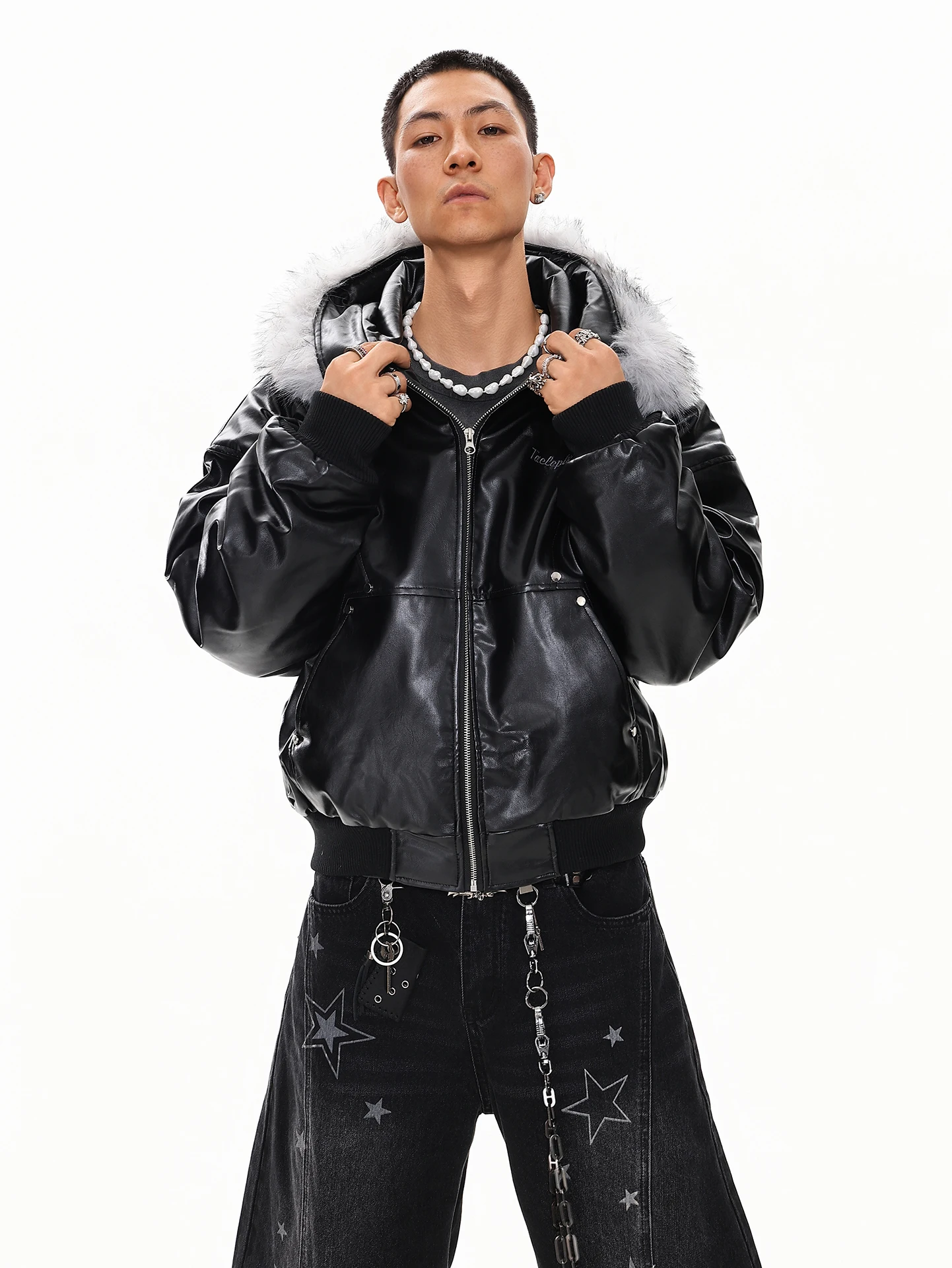 Men's 2025 Winter New Cotton Jacket Fashion Detachable Fur Collar PU Parka Cotton Coat