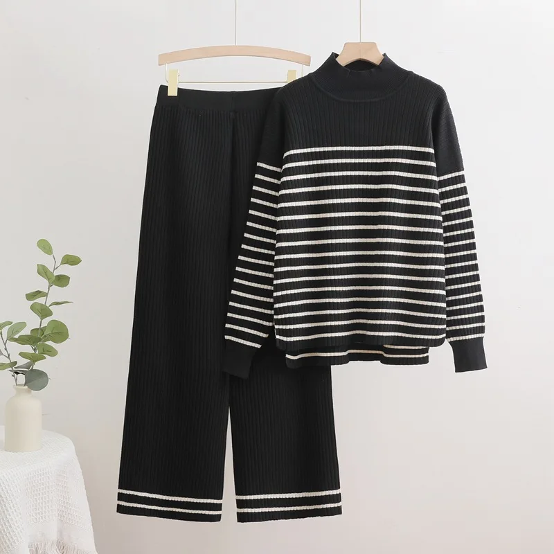 Moda coreana listrada semi gola alta suéter calças de perna larga conjunto de duas peças de malha primavera e outono terno solto