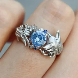 Silver Color Finely Carved Fox Flower Cluster Blue Zircon Ring UNISEX Personalized High-end and Tasteful Jewelry Ring Gifts