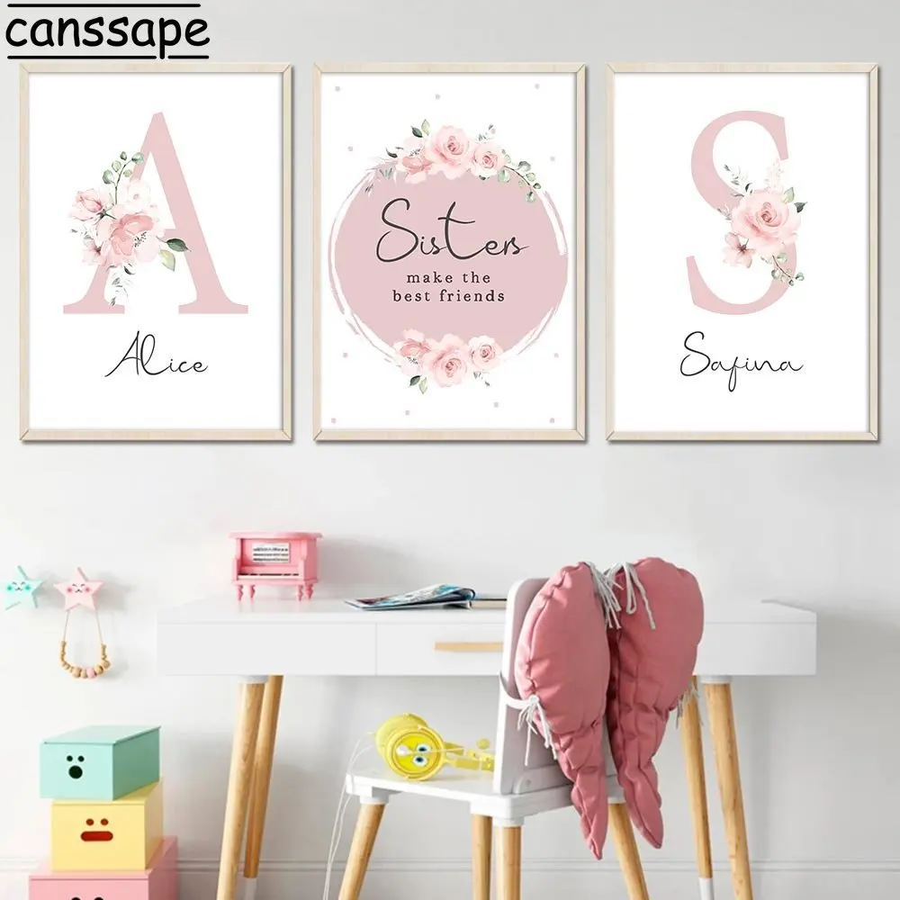 Custom Name Wall Pictures Pink Flowers Canvas Painting Sisters Art Prints Best Friends Posters Nursery Wall Art Baby Room Decor