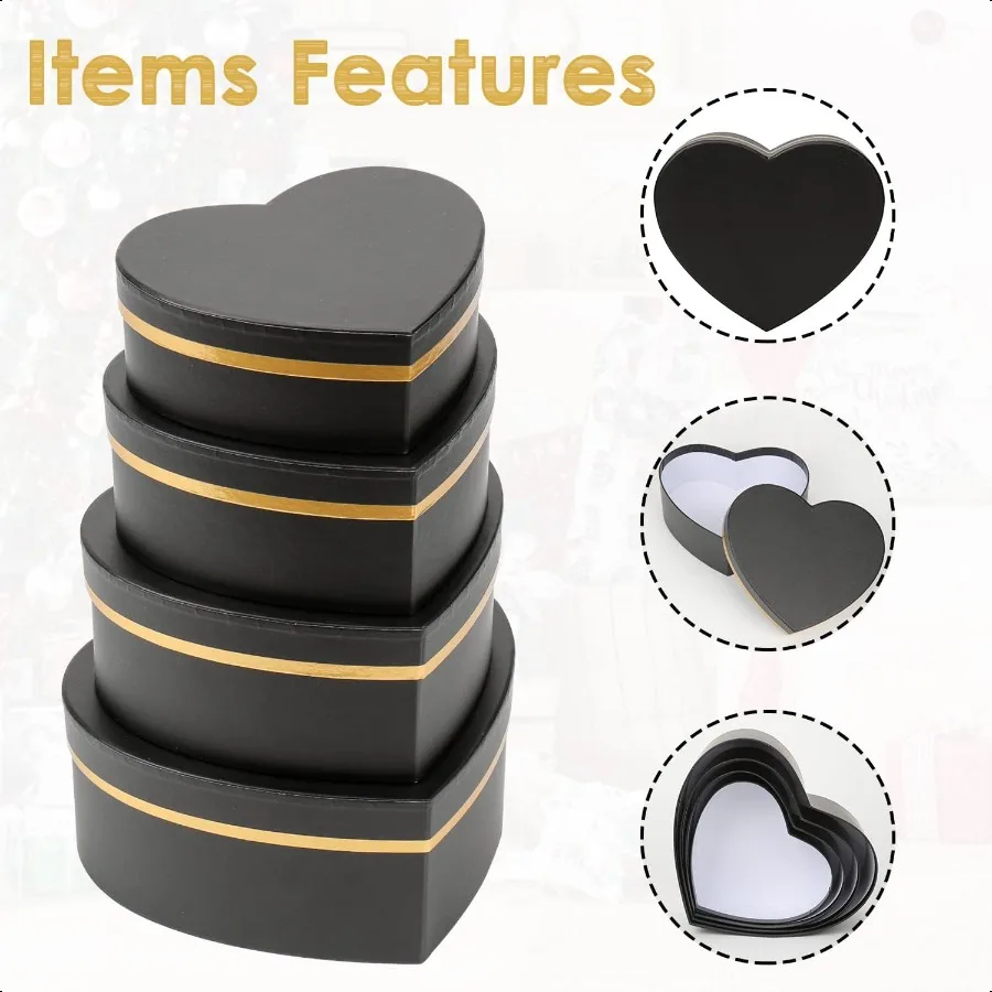 Black Gift Boxes with Lids for Present Heart Shaped Flower Boxes for Arrangements Set of 4 Floral Gift Boxes for Bridesmaid Pro