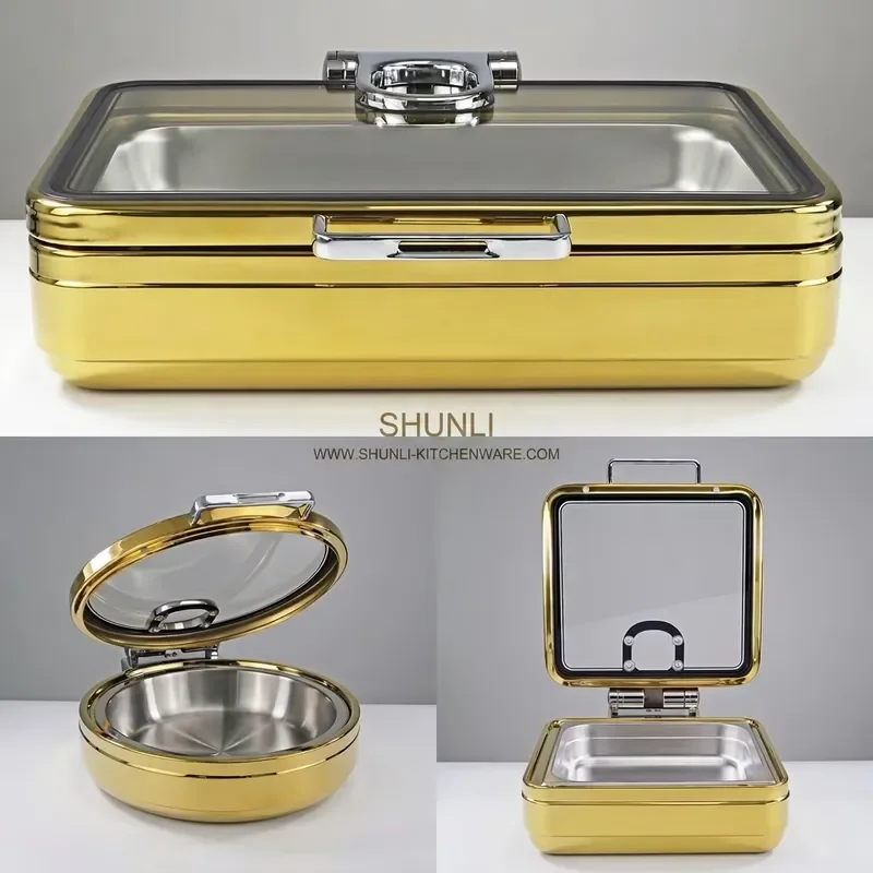 Golden Buffet Warmer Stainless Steel Food Heater with Glass Lid Induction Compatible Insulation Pot for Catering Service High