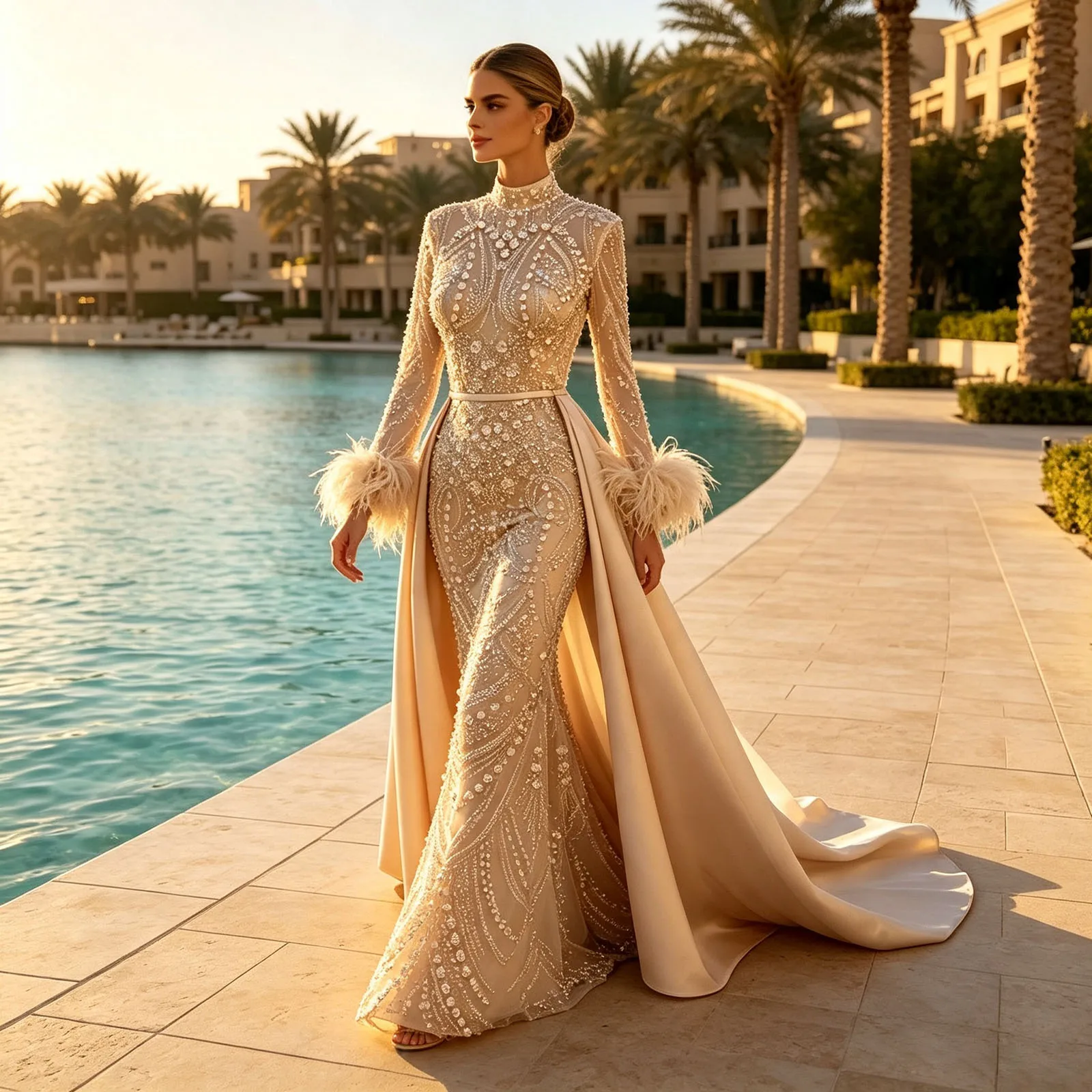 Eshaut&bridal Spitzen-Feder-Abendkleid für Damen mit Abnehmbarer Schleppe, Langen Ärmeln, Formelles Ballkleid für Hochzeiten und Partys, Maßanfertigung 2026