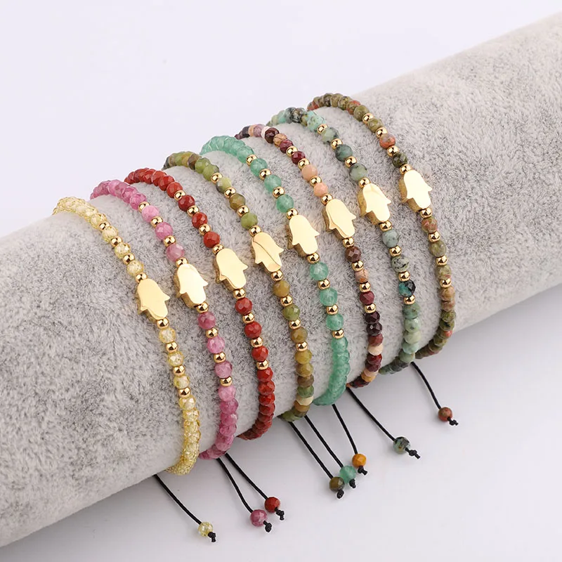 New Fashion 3mm Faceted Natural Stone Stainless Steel Hand Charm Macrame Adjustable Bracelet Jewelry For Women