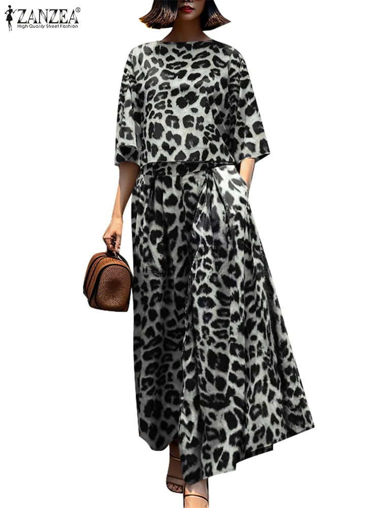2点セット ヴィンテージ レディース マッチングセット レオパード柄 セットアップ 秋 パンツスーツ ZANZEA カジュアル Oネック 七分袖 ブラウス パンツセット
