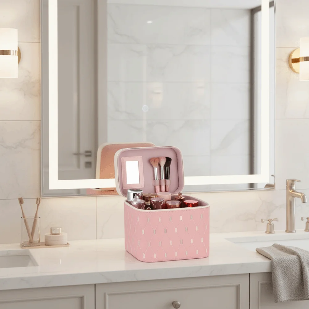 حقيبة مستحضرات التجميل المصنوعة من جلد البولي يوريثان بسعة كبيرة صندوق تخزين مستحضرات التجميل المقاوم للماء مع مرآة مضادة للسحق حقيبة مكياج للنساء