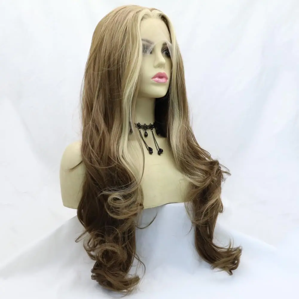 Sylvia Brown Stripe Blonde Synthetic Lace Front Wig Hightlight Wig Heat Resistant Fiber Long Wavy Wigs