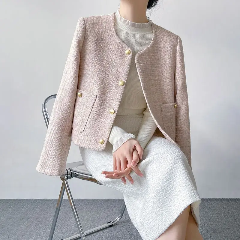

Pink Jacket French New Style Long-sleeved Short Round Neck Top Button Splicing Fashionable and Elegant Cardigan
