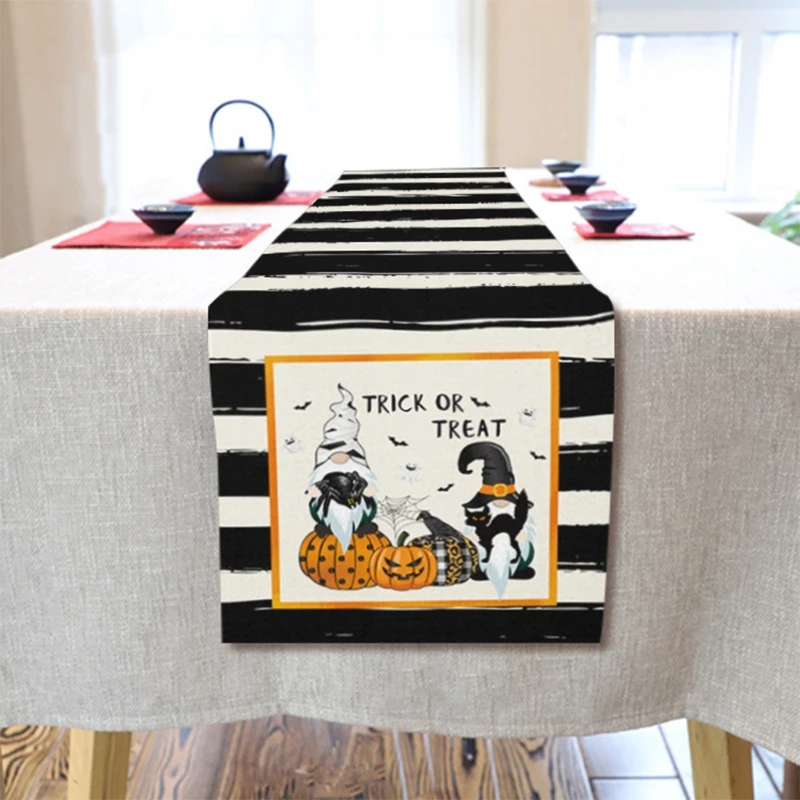 Halloween Faceless Gnome Pumpkin Print Table Runner Farmhouse Cotton Linen Striped Tablecloth Scarf Party Decor Dropship