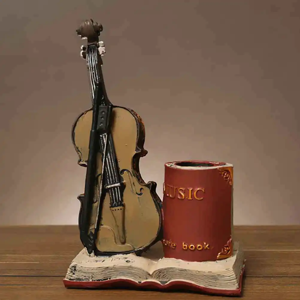 Violin Shaped Pen Holder Made of Natural Resin Safe Odorless Harmless Desktop Decoration Creative Cartoon Dog Design Stationery
