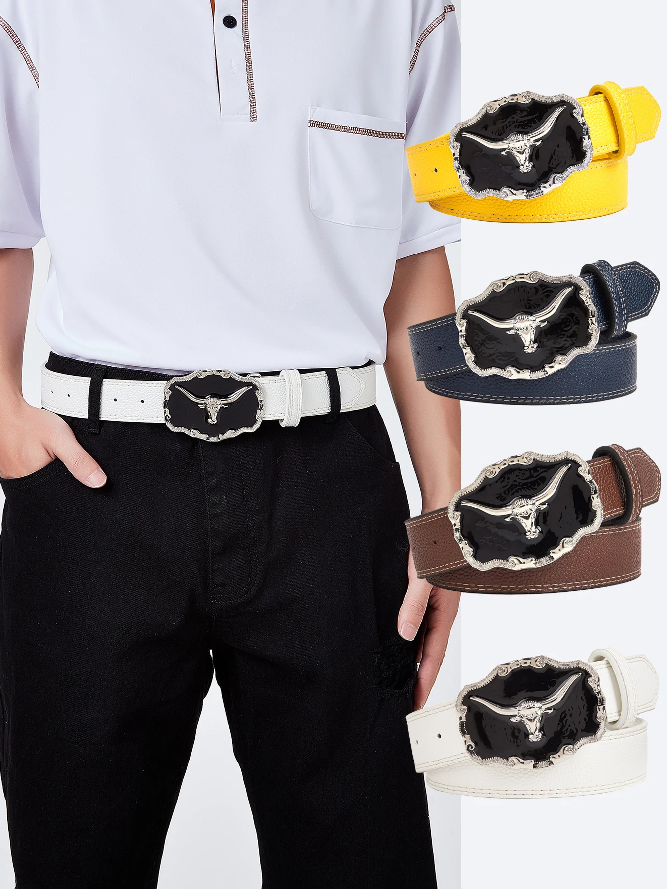 1pc Men's Retro Fashion Black Bull Head Metal Buckle Multi-Color Faux Leather Grain Belt