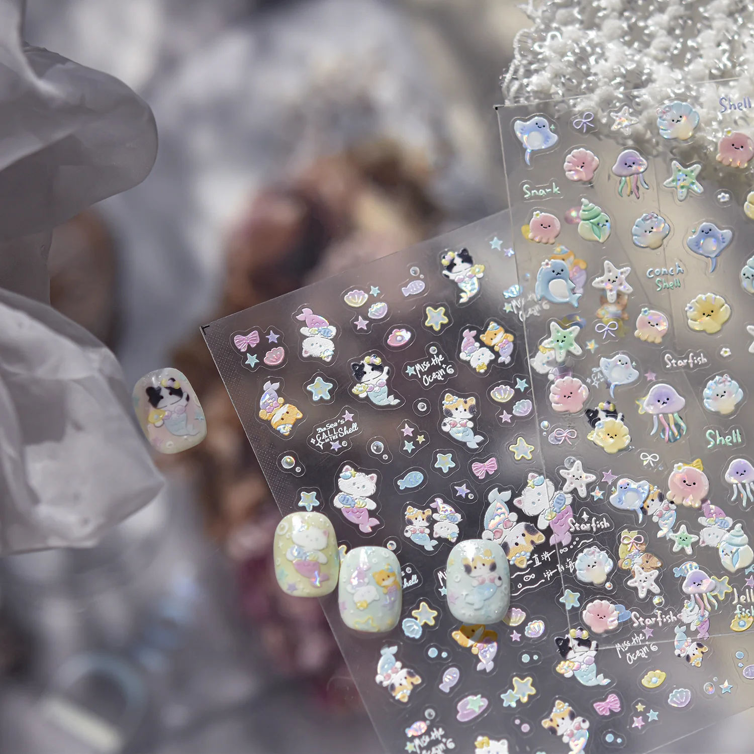 Autocollants pour ongles en forme de chat sirène, mignon, coquille 5D, gelée légère, coquille de poisson, adhésif pour ongles, pièces de décoration de manucure d'été à faire soi-même