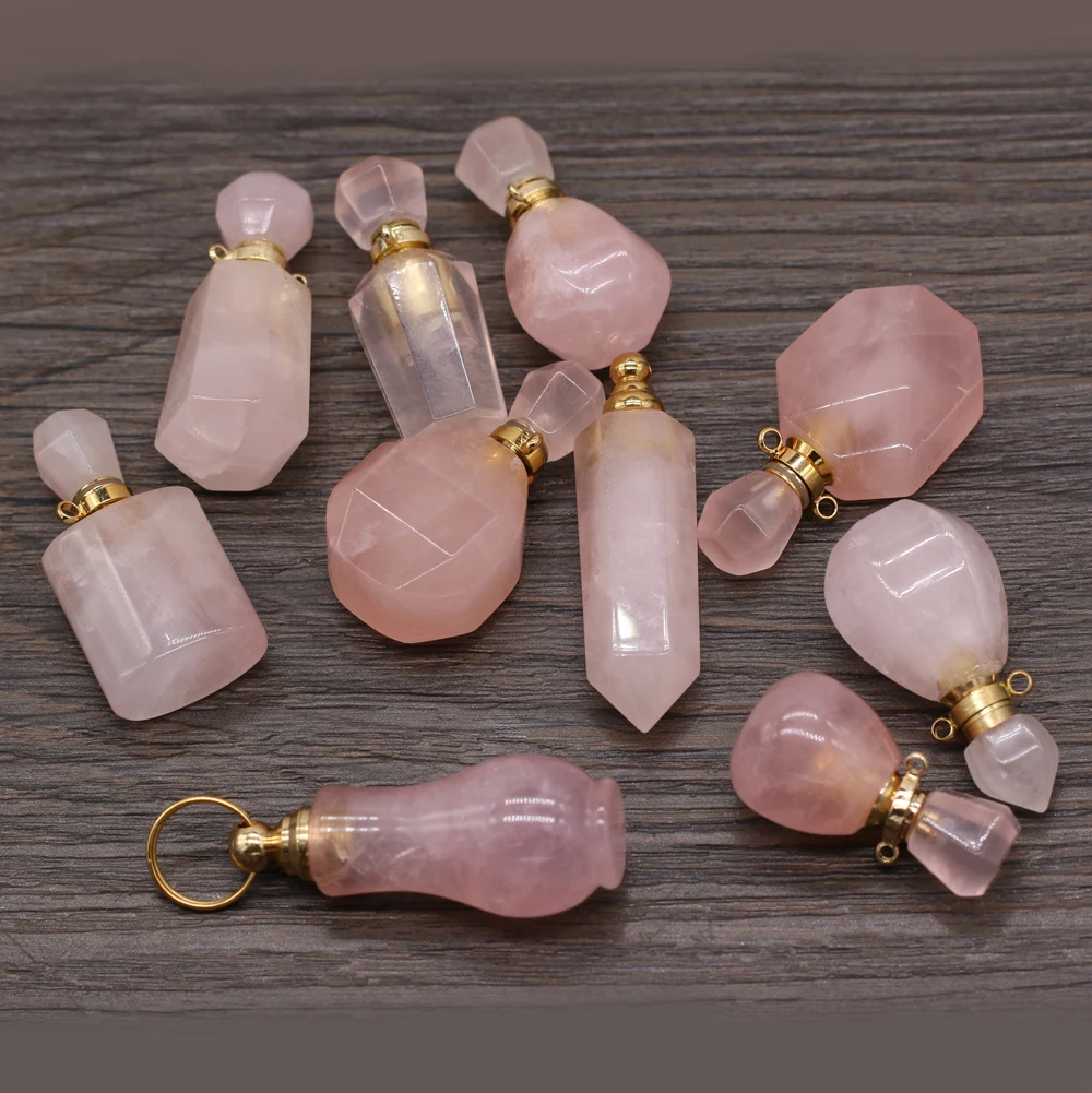 Natural Quartz Perfume Bottle Pendants Rose  Two-Holes Connectors For Jewelry Making DIY Bracelet Necklace Accessories